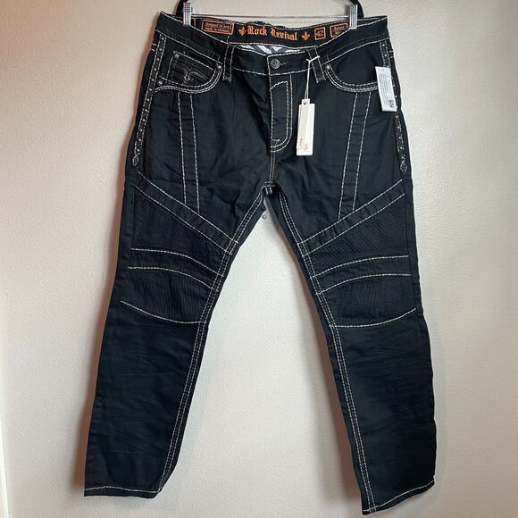 Rock Revival Jeans Quince Biker Men's 42x 33 Embroidered Flames - Picture 1 of 8